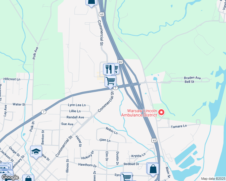 map of restaurants, bars, coffee shops, grocery stores, and more near 1238 Commercial Street in Warsaw
