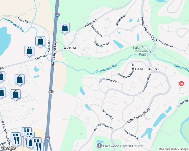 map of restaurants, bars, coffee shops, grocery stores, and more near 14015 Hickory Ridge Road in Louisville