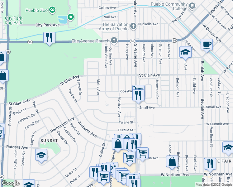 map of restaurants, bars, coffee shops, grocery stores, and more near 3006 Rice Avenue in Pueblo