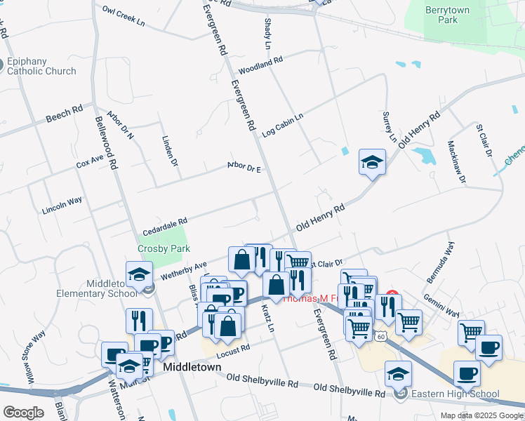 map of restaurants, bars, coffee shops, grocery stores, and more near 725 Winding Oaks Trail in Louisville