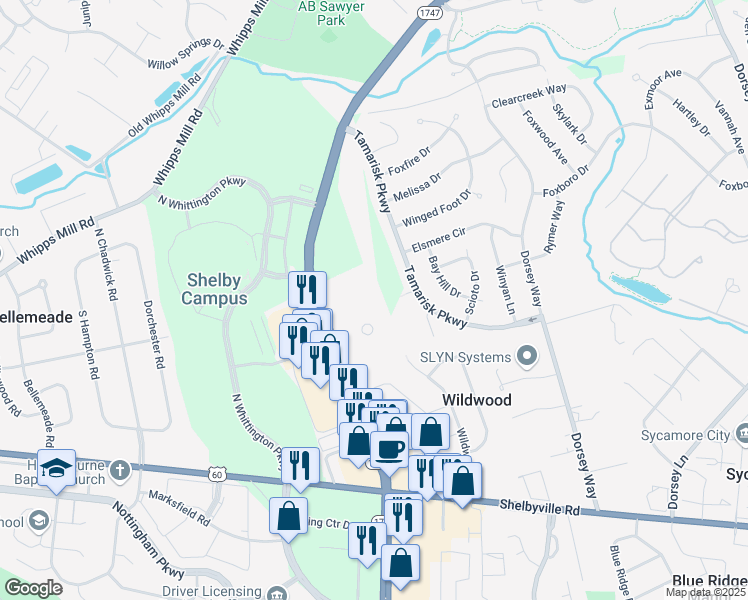 map of restaurants, bars, coffee shops, grocery stores, and more near 307 North Hurstbourne Parkway in Louisville