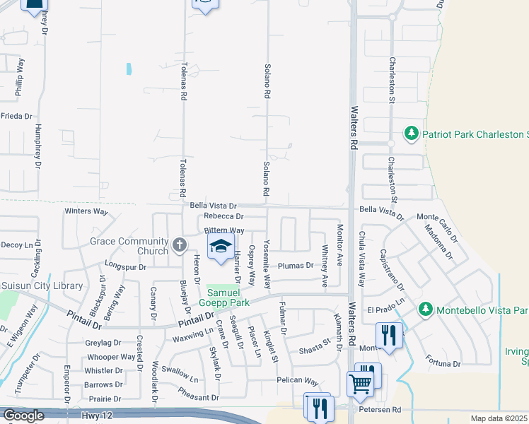 map of restaurants, bars, coffee shops, grocery stores, and more near 1320 Rebecca Drive in Suisun City