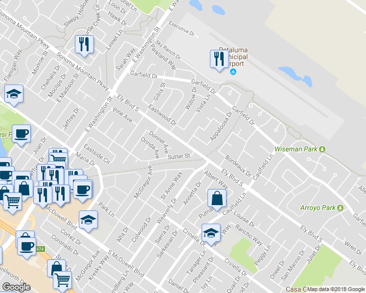 map of restaurants, bars, coffee shops, grocery stores, and more near 528 Ely Boulevard South in Petaluma