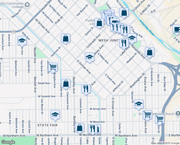 map of restaurants, bars, coffee shops, grocery stores, and more near 298 East Orman Avenue in Pueblo