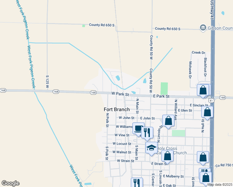 map of restaurants, bars, coffee shops, grocery stores, and more near 750 North West Street in Fort Branch
