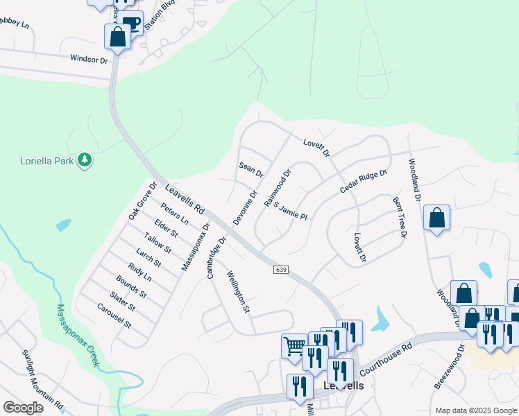 map of restaurants, bars, coffee shops, grocery stores, and more near 5503 Rainwood Drive in Fredericksburg