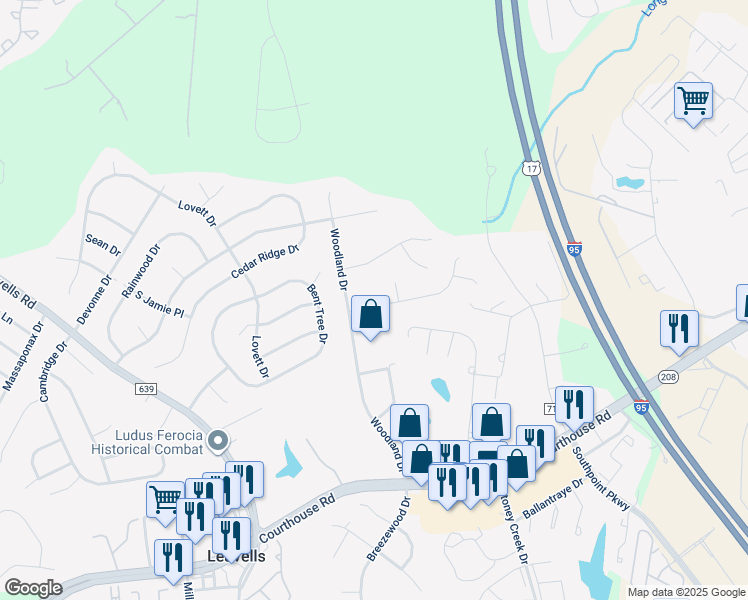 map of restaurants, bars, coffee shops, grocery stores, and more near 5221 McManus Drive in Fredericksburg
