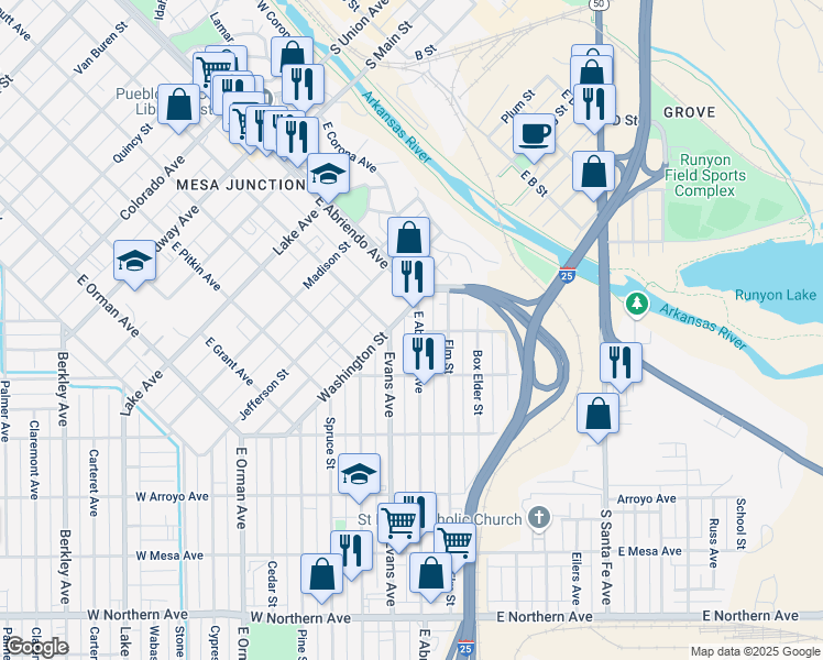 map of restaurants, bars, coffee shops, grocery stores, and more near 114 Washington Street in Pueblo