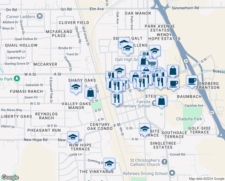 map of restaurants, bars, coffee shops, grocery stores, and more near 416 B Street in Galt