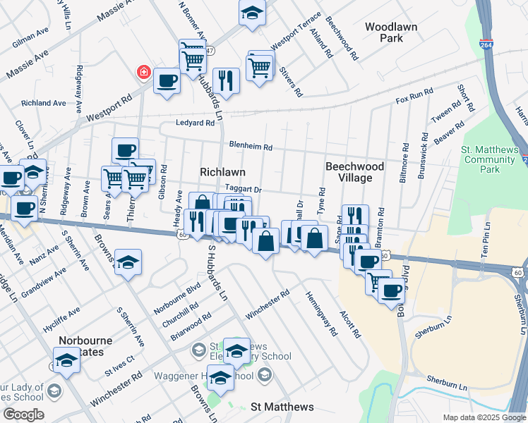 map of restaurants, bars, coffee shops, grocery stores, and more near 121 McArthur Drive in Louisville