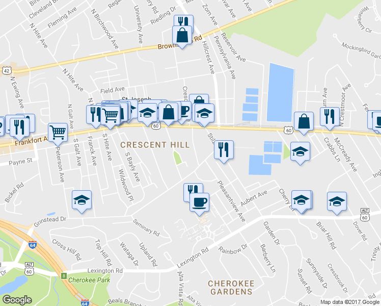 map of restaurants, bars, coffee shops, grocery stores, and more near 301 Crescent Court in Louisville