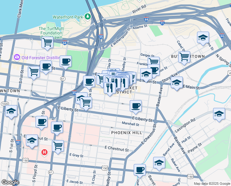 map of restaurants, bars, coffee shops, grocery stores, and more near in Louisville