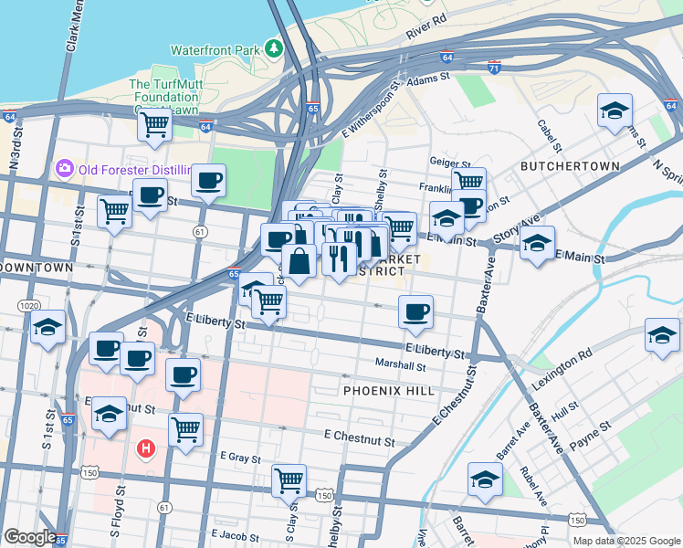 map of restaurants, bars, coffee shops, grocery stores, and more near 211 South Clay Street in Louisville