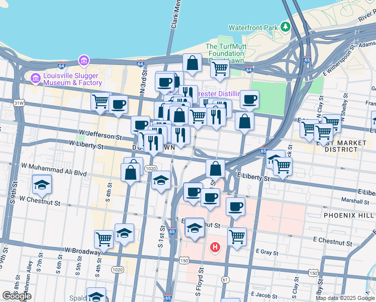 map of restaurants, bars, coffee shops, grocery stores, and more near in Louisville