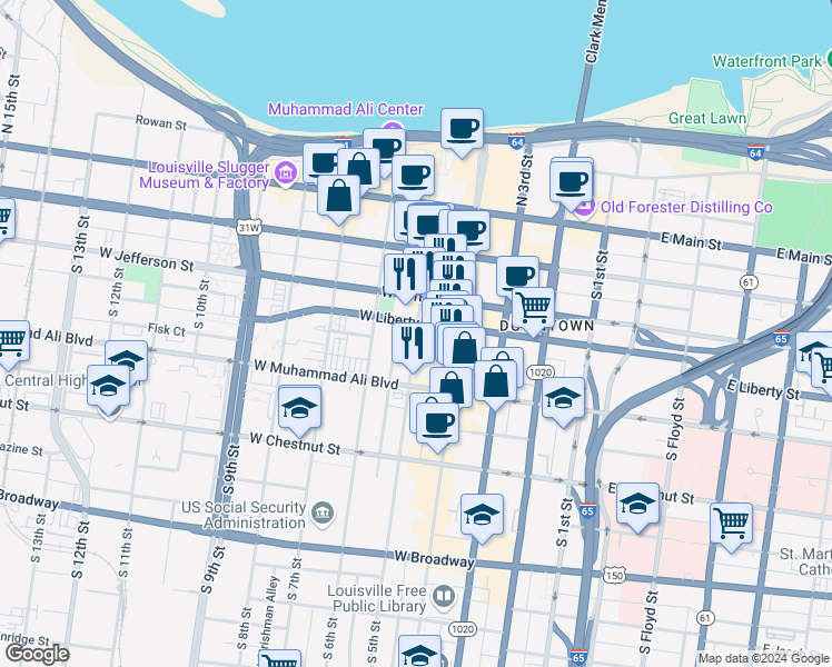 map of restaurants, bars, coffee shops, grocery stores, and more near 410 South 5th Street in Louisville