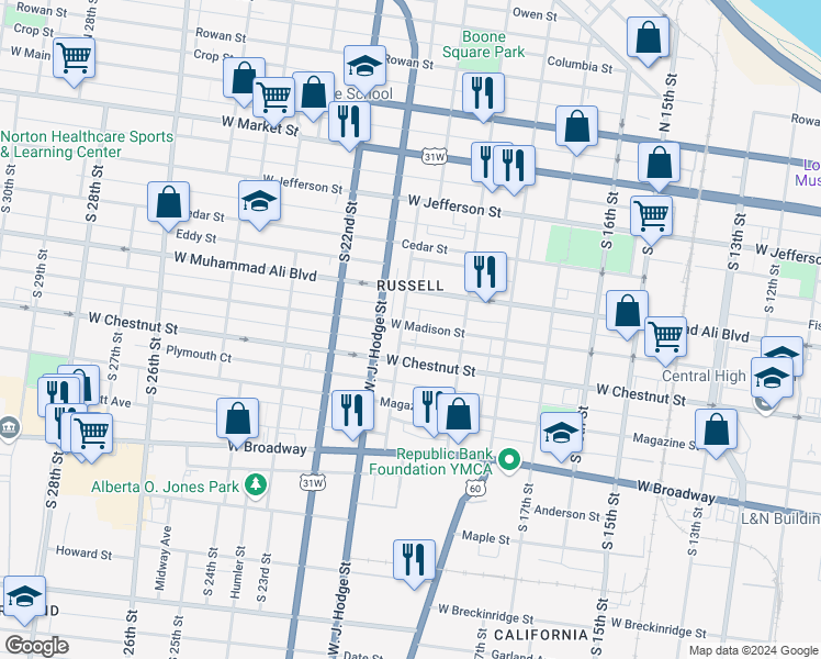 map of restaurants, bars, coffee shops, grocery stores, and more near 527 South 20th Street in Louisville