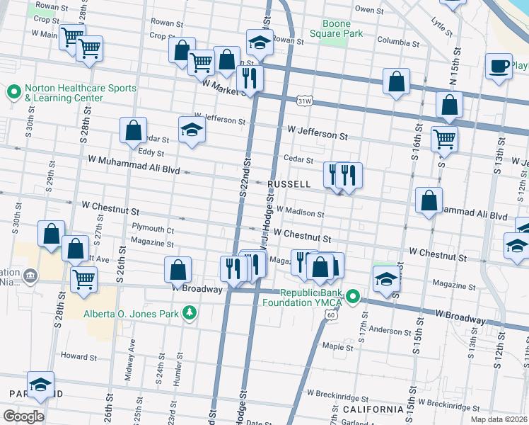map of restaurants, bars, coffee shops, grocery stores, and more near 2112 West Madison Street in Louisville