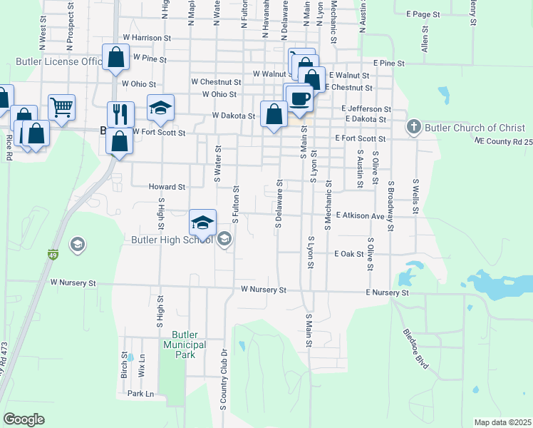 map of restaurants, bars, coffee shops, grocery stores, and more near 100 West Atkison Avenue in Butler
