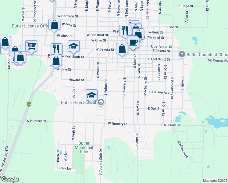 map of restaurants, bars, coffee shops, grocery stores, and more near in Butler