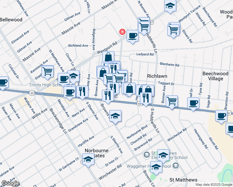 map of restaurants, bars, coffee shops, grocery stores, and more near 116 Thierman Lane in Saint Matthews
