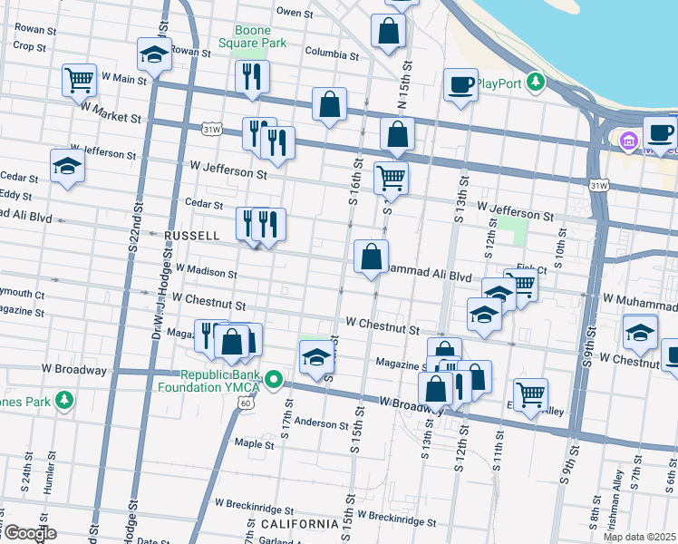 map of restaurants, bars, coffee shops, grocery stores, and more near 510 South 16th Street in Louisville