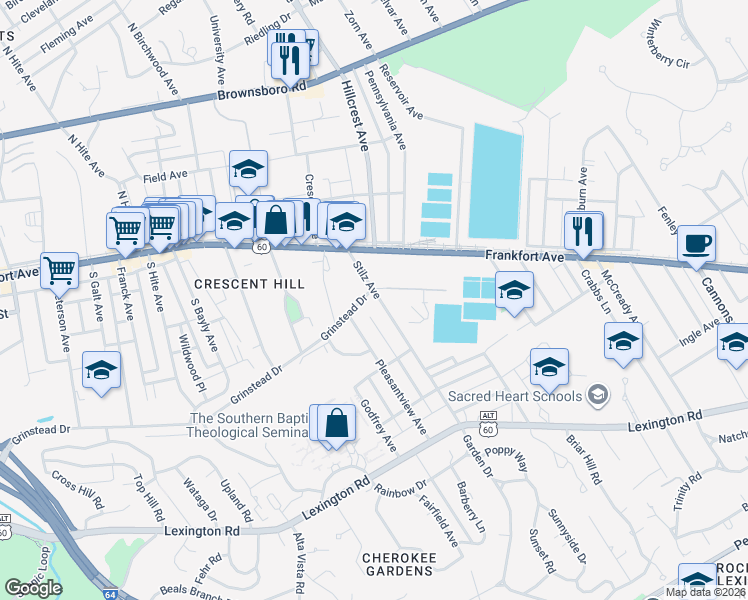 map of restaurants, bars, coffee shops, grocery stores, and more near 2944 Grinstead Drive in Louisville