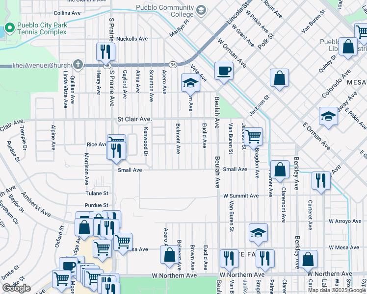 map of restaurants, bars, coffee shops, grocery stores, and more near 2218 Rice Avenue in Pueblo
