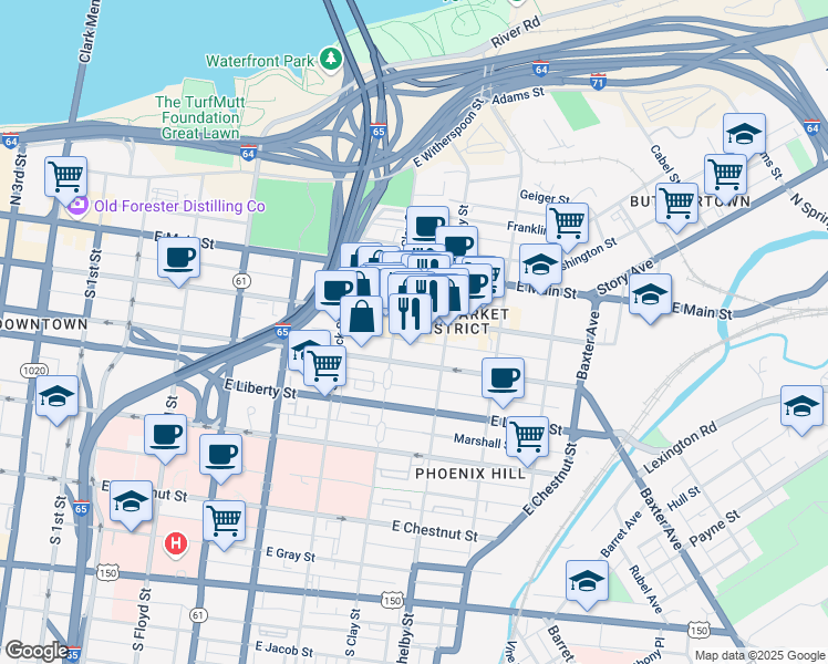 map of restaurants, bars, coffee shops, grocery stores, and more near 716 East Market Street in Louisville