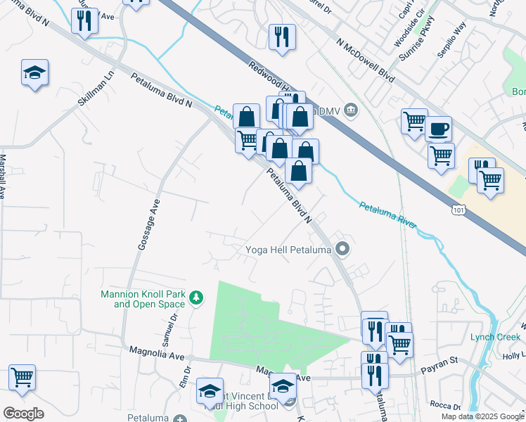 map of restaurants, bars, coffee shops, grocery stores, and more near 60 Jessie Lane in Petaluma