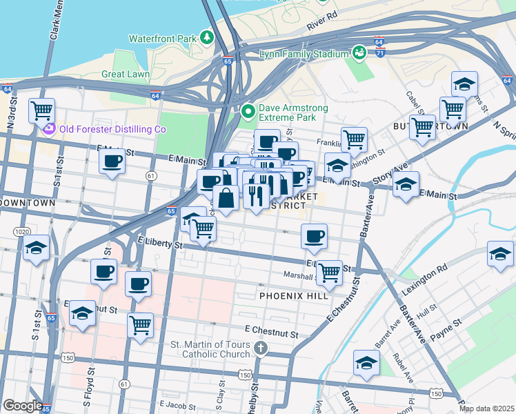 map of restaurants, bars, coffee shops, grocery stores, and more near 716 East Market Street in Louisville