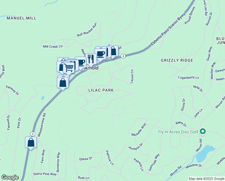 map of restaurants, bars, coffee shops, grocery stores, and more near 1048 Ponderosa Way in Arnold