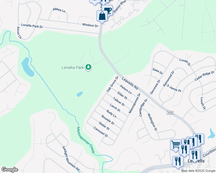 map of restaurants, bars, coffee shops, grocery stores, and more near 6015 Oak Grove Drive in Fredericksburg