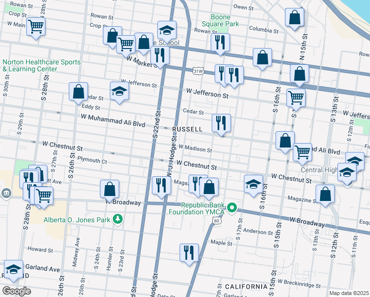 map of restaurants, bars, coffee shops, grocery stores, and more near 527 South 20th Street in Louisville