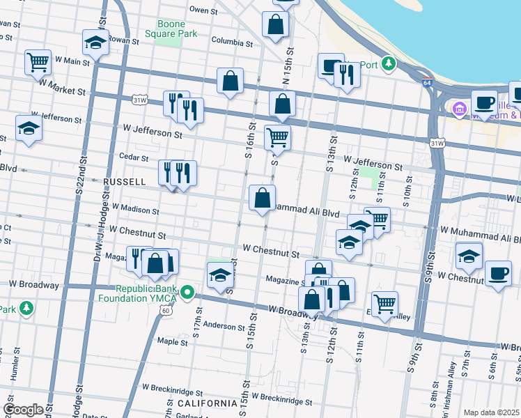 map of restaurants, bars, coffee shops, grocery stores, and more near 1508 West Muhammad Ali Boulevard in Louisville