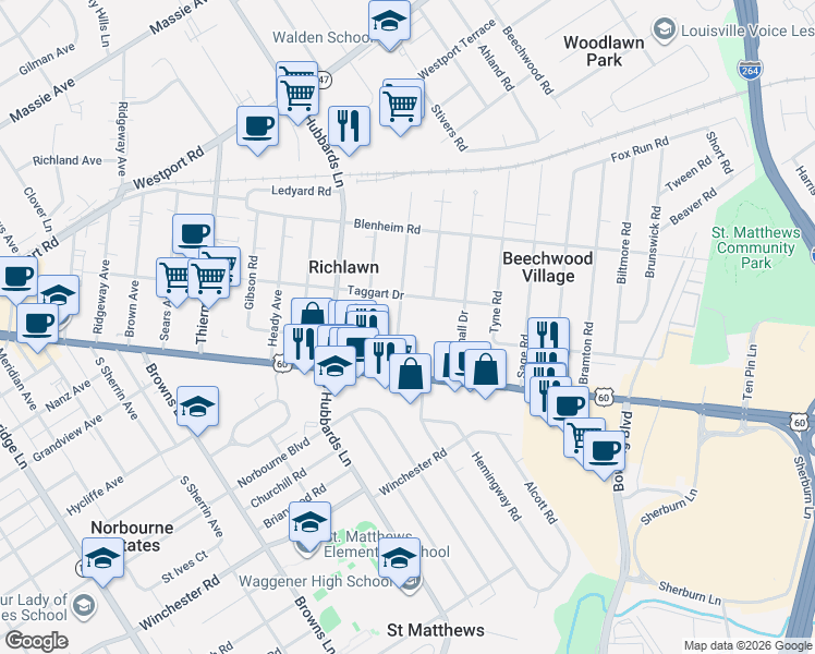 map of restaurants, bars, coffee shops, grocery stores, and more near 121 McArthur Drive in Louisville
