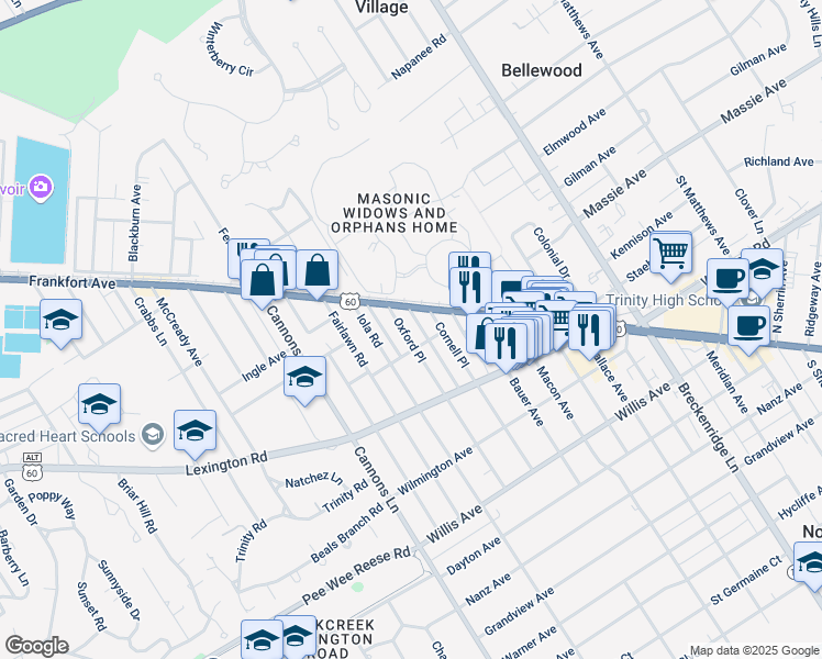 map of restaurants, bars, coffee shops, grocery stores, and more near 113 Oxford Place in Louisville