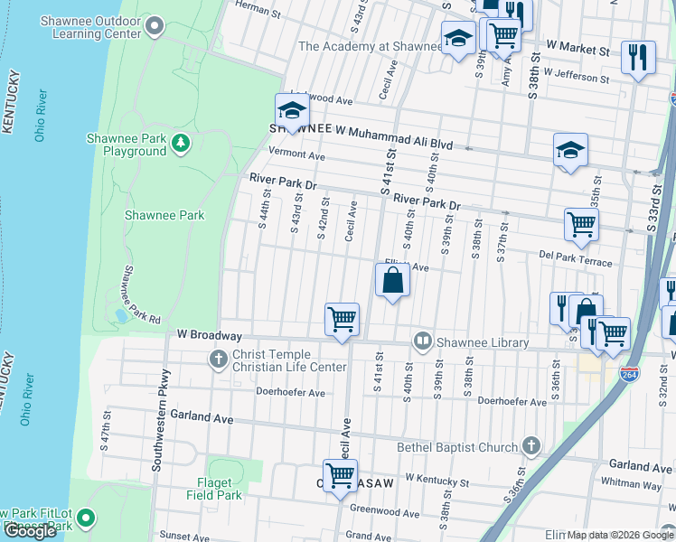 map of restaurants, bars, coffee shops, grocery stores, and more near 648 Cecil Avenue in Louisville