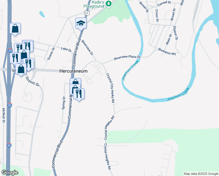 map of restaurants, bars, coffee shops, grocery stores, and more near 1341 Riverview Drive in Festus