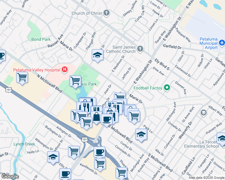 map of restaurants, bars, coffee shops, grocery stores, and more near 225 Jeffrey Drive in Petaluma