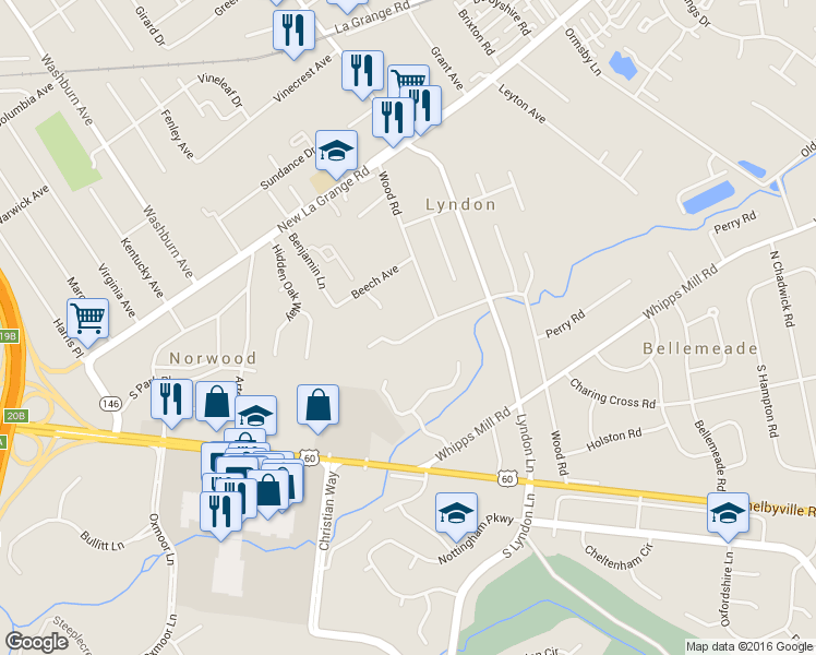map of restaurants, bars, coffee shops, grocery stores, and more near 8009 Deronia Avenue in Louisville