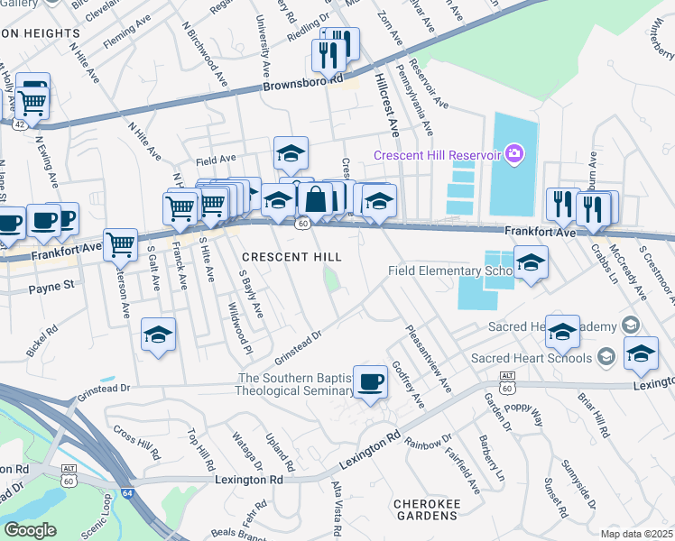 map of restaurants, bars, coffee shops, grocery stores, and more near 215 Kennedy Court in Louisville