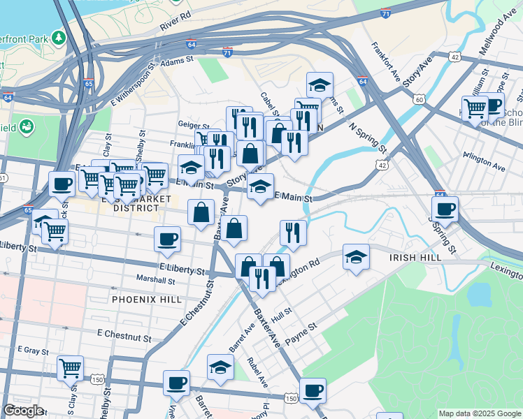 map of restaurants, bars, coffee shops, grocery stores, and more near 1100 East Market Street in Louisville