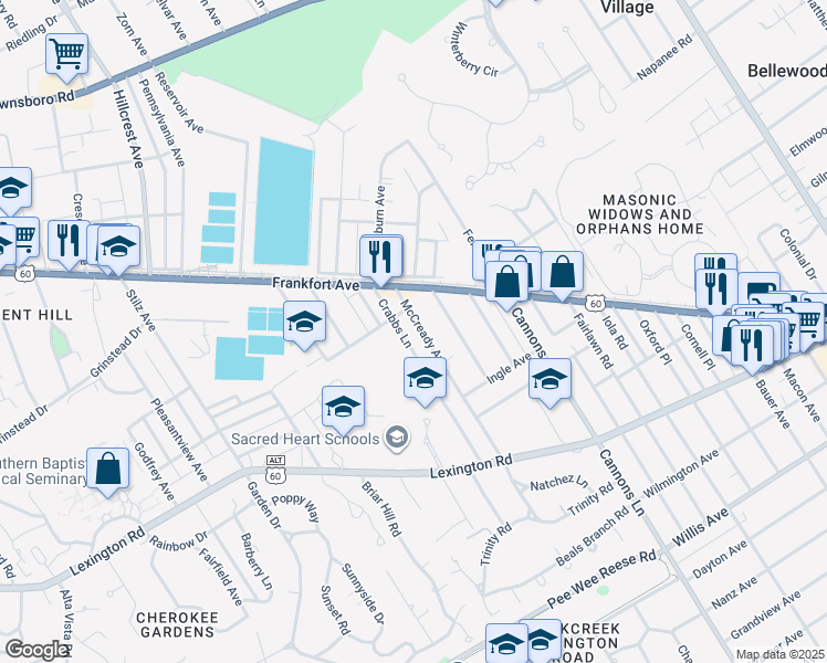 map of restaurants, bars, coffee shops, grocery stores, and more near 134 McCready Avenue in Louisville