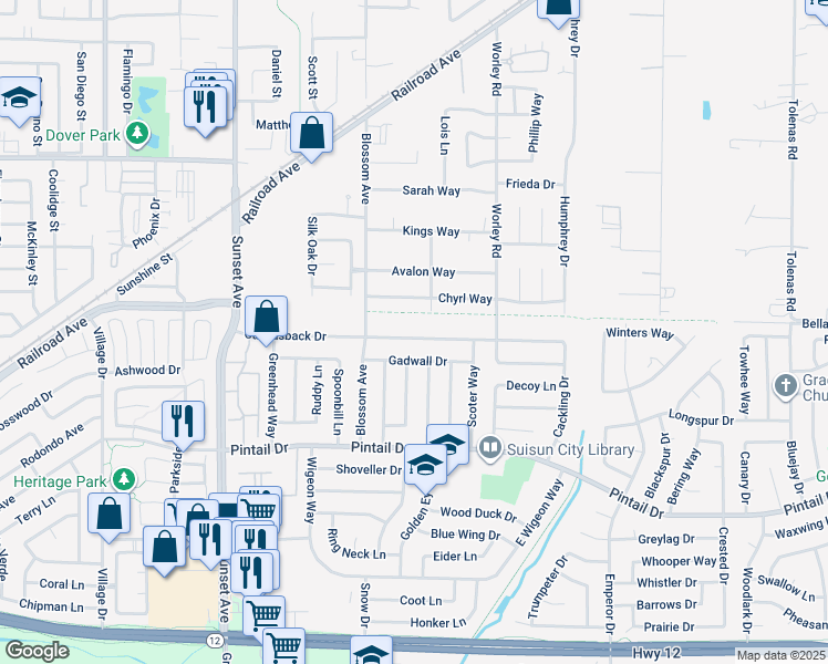 map of restaurants, bars, coffee shops, grocery stores, and more near 416 Canvasback Drive in Suisun City
