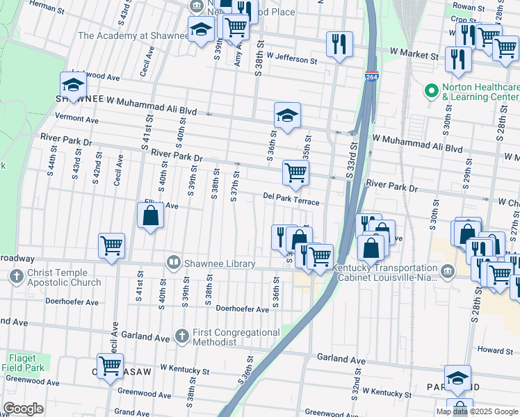 map of restaurants, bars, coffee shops, grocery stores, and more near 633 Lindell Avenue in Louisville