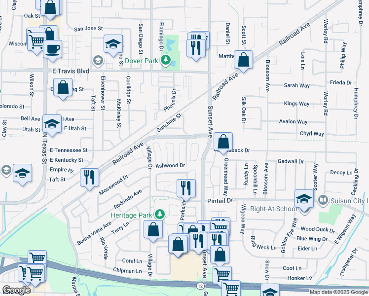 map of restaurants, bars, coffee shops, grocery stores, and more near 912 Pepperwood Street in Suisun City