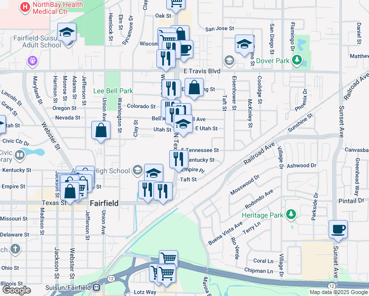 map of restaurants, bars, coffee shops, grocery stores, and more near 112 East Tennessee Street in Fairfield