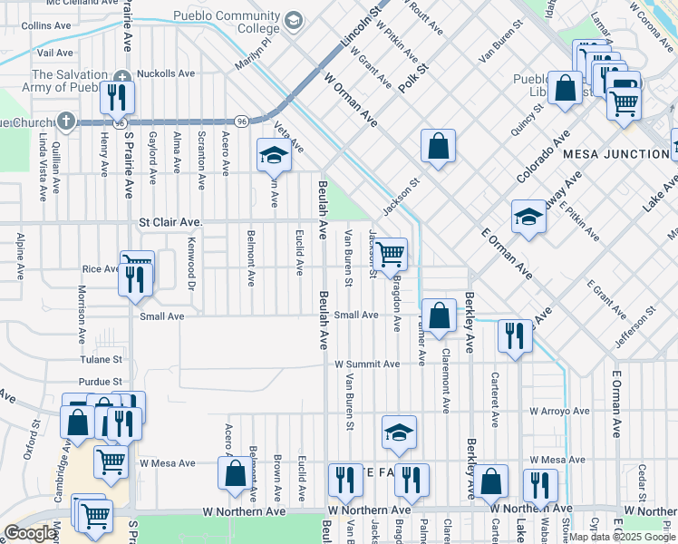 map of restaurants, bars, coffee shops, grocery stores, and more near 1908 Rice Avenue in Pueblo