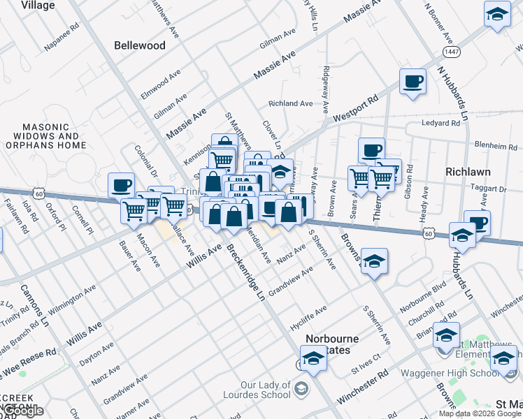 map of restaurants, bars, coffee shops, grocery stores, and more near 4011 Shelbyville Road in Louisville
