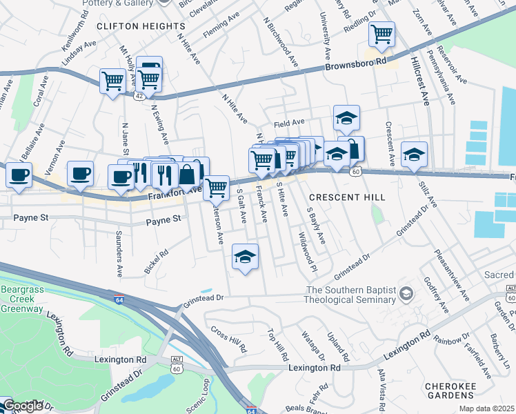 map of restaurants, bars, coffee shops, grocery stores, and more near 200 Franck Avenue in Louisville